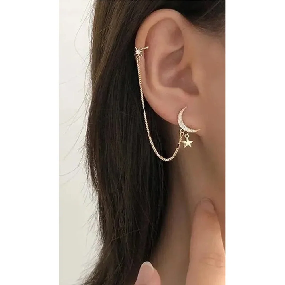 Boho Golden Crescent Moon and Stars Dreamer Cuff Swing Chain Earrings Gold A0128